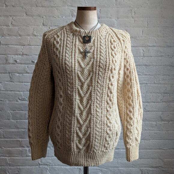 Vintage Wool Fisherman Knit Grandpa Sweater Minimalist Chunky Cable Knitted Top - Picture 2 of 8